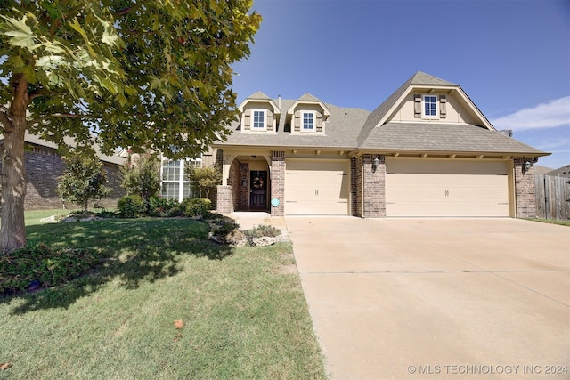 view of front of property with a garage and a front lawn