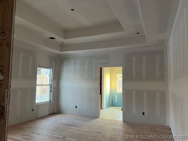 unfurnished room featuring light hardwood / wood-style flooring and a raised ceiling