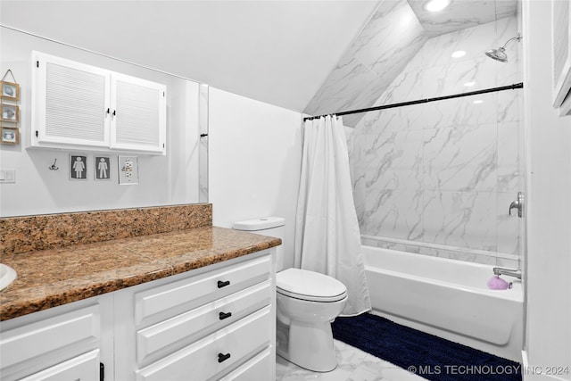 full bathroom with lofted ceiling, vanity, toilet, and shower / bathtub combination with curtain