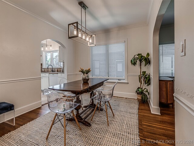 dining space with crown molding, sink, and dark hardwood / wood-style flooring