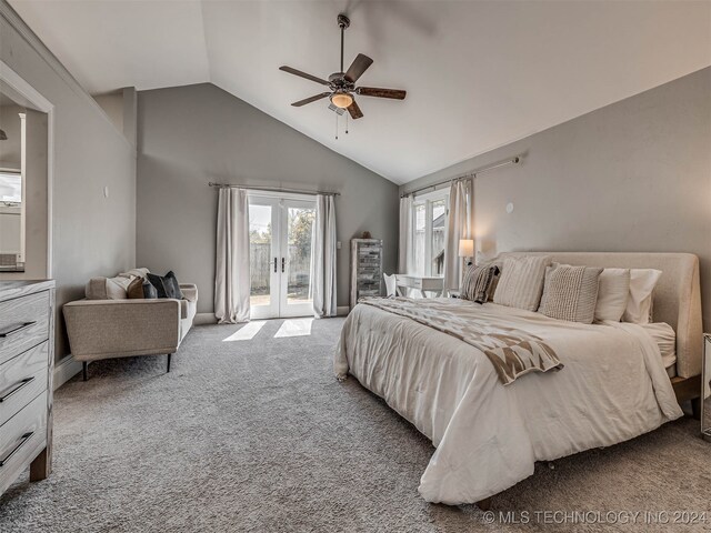 carpeted bedroom with access to outside, french doors, high vaulted ceiling, and ceiling fan