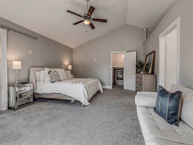 bedroom featuring lofted ceiling, ceiling fan, and carpet floors