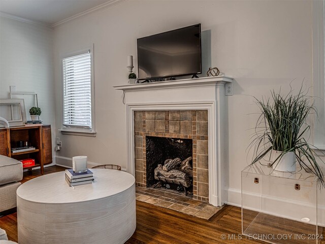 sitting room featuring ornamental molding, a fireplace, and dark hardwood / wood-style flooring