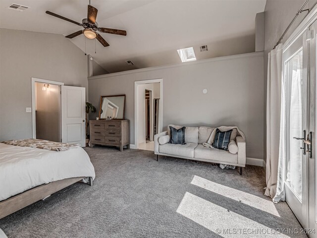 carpeted bedroom featuring high vaulted ceiling and ceiling fan