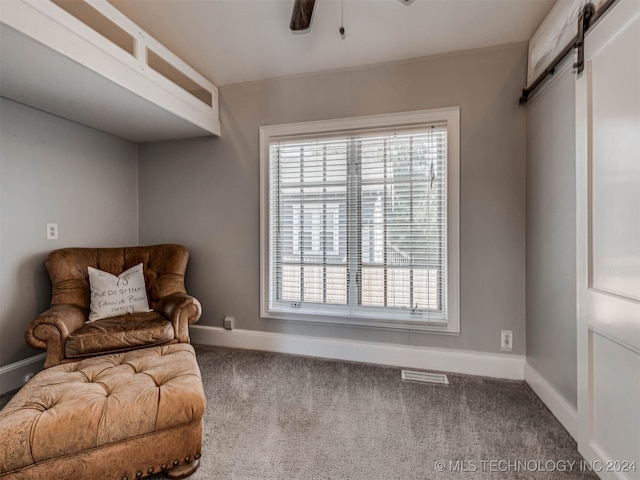 living area with ceiling fan, a barn door, and carpet