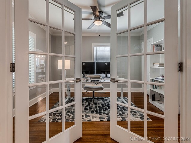 office space with french doors, ornamental molding, hardwood / wood-style flooring, and ceiling fan