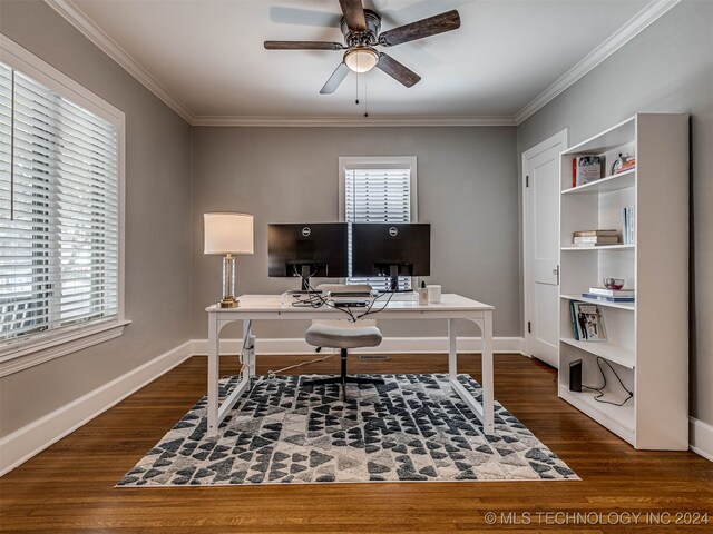 home office with ceiling fan, dark wood-type flooring, and a wealth of natural light