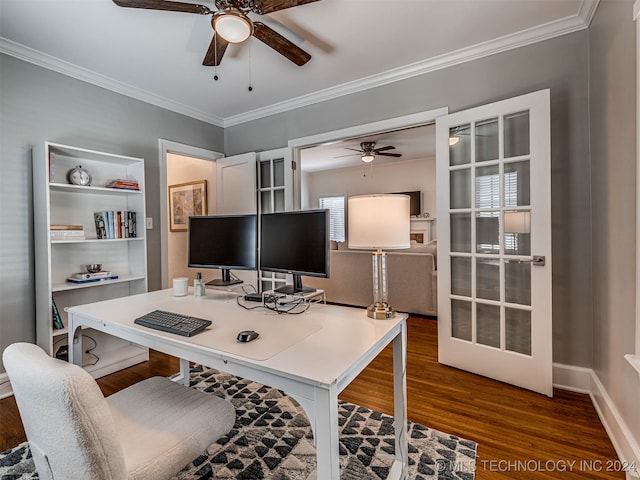 office featuring ceiling fan, crown molding, and dark hardwood / wood-style flooring