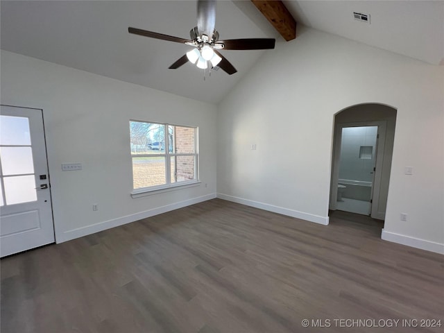 unfurnished living room featuring beamed ceiling, high vaulted ceiling, ceiling fan, and dark wood-type flooring