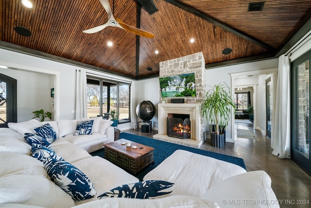 living room with wood ceiling, ceiling fan, vaulted ceiling, and recessed lighting