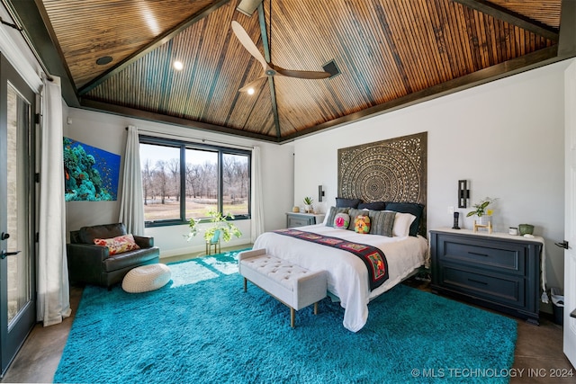 bedroom with wooden ceiling, high vaulted ceiling, and a ceiling fan