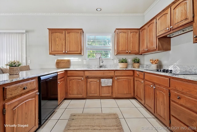 kitchen featuring black appliances, light tile patterned floors, crown molding, and light stone countertops