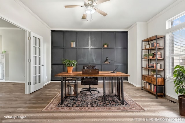 office area with ornamental molding, hardwood / wood-style floors, ceiling fan, and french doors