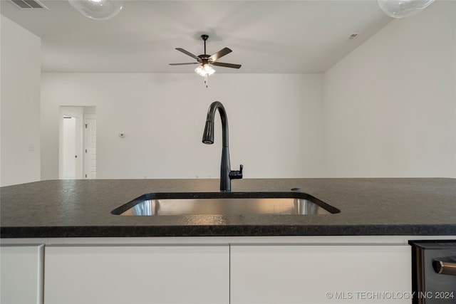 kitchen with white cabinetry, sink, and ceiling fan