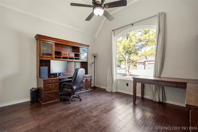 office space with baseboards, ornamental molding, vaulted ceiling, and dark wood-type flooring