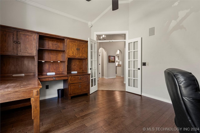 home office with dark wood-type flooring, french doors, high vaulted ceiling, ceiling fan, and ornamental molding