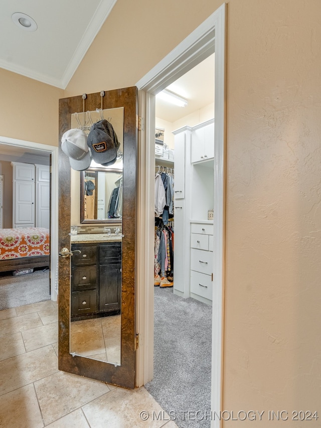 interior space with light colored carpet, vaulted ceiling, sink, and ornamental molding