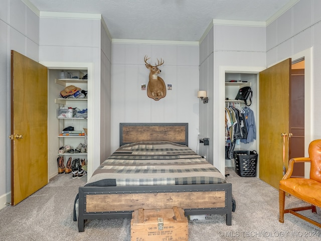 carpeted bedroom featuring ornamental molding and a closet