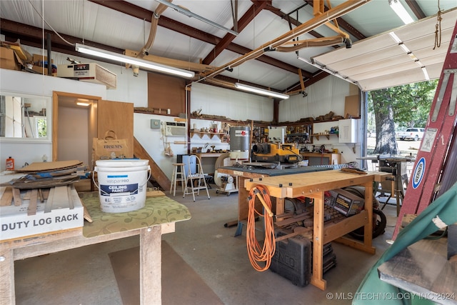 garage with a workshop area