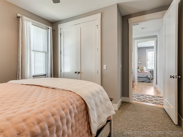 bedroom featuring ceiling fan, a closet, and hardwood / wood-style floors