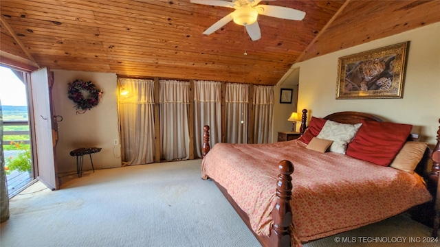 carpeted bedroom with wooden ceiling, lofted ceiling, ceiling fan, and access to exterior