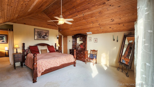 carpeted bedroom featuring wooden ceiling, vaulted ceiling, and ceiling fan