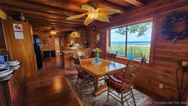 dining space with ceiling fan, beamed ceiling, wood ceiling, wooden walls, and dark wood-type flooring