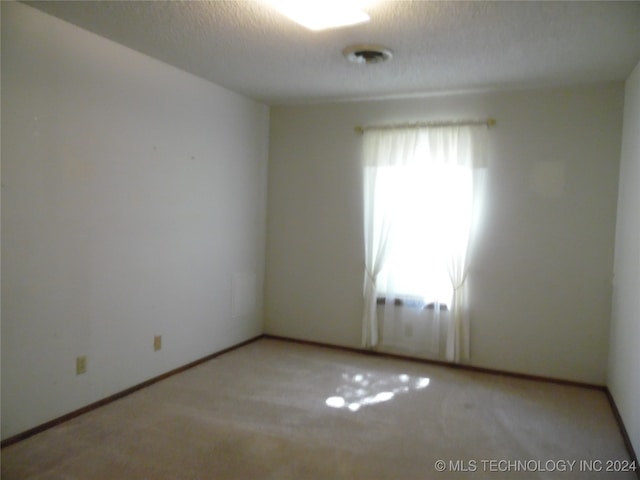 empty room featuring a textured ceiling and light colored carpet