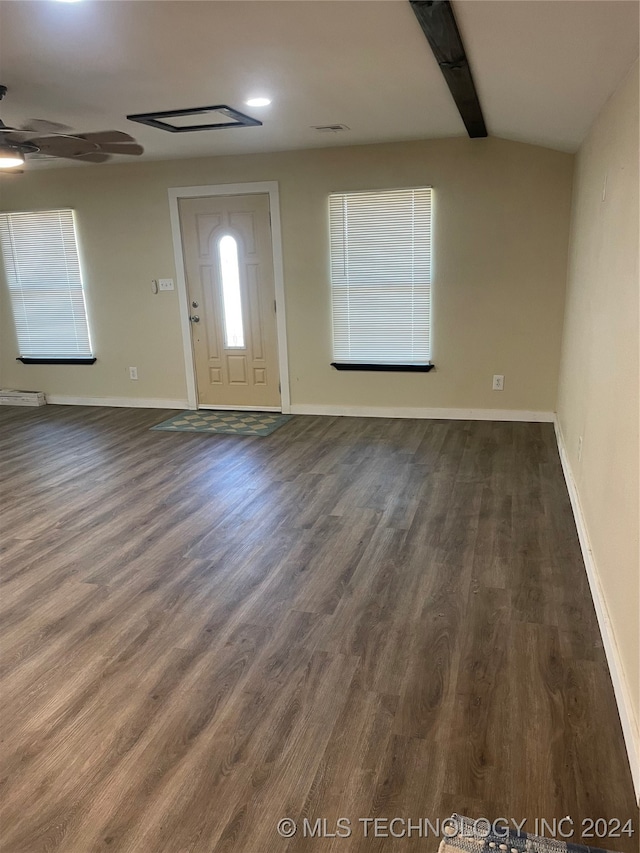 foyer featuring lofted ceiling with beams, ceiling fan, and dark hardwood / wood-style floors