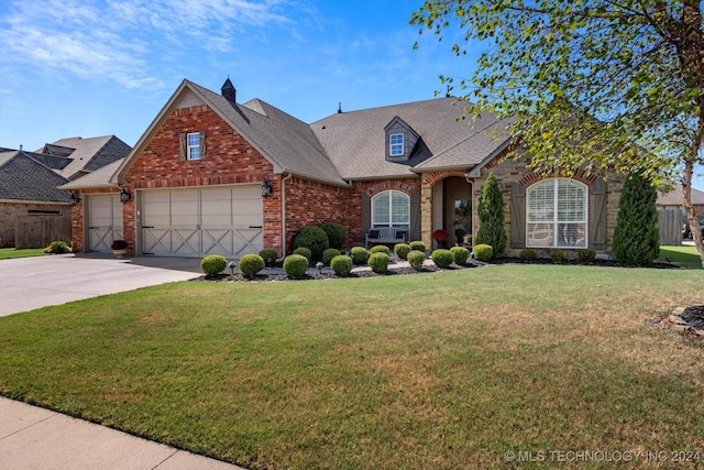 view of front of property with a front lawn and a garage