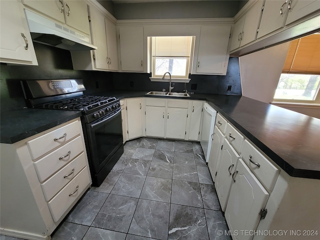 kitchen featuring dishwasher, sink, white cabinets, backsplash, and black range with gas stovetop