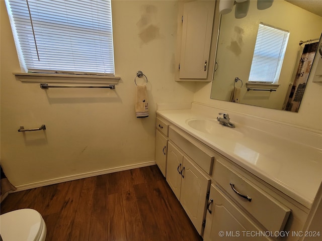 bathroom with wood-type flooring, vanity, and toilet