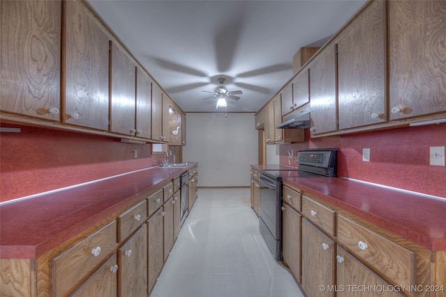 kitchen with stainless steel dishwasher, sink, black electric range oven, and ceiling fan