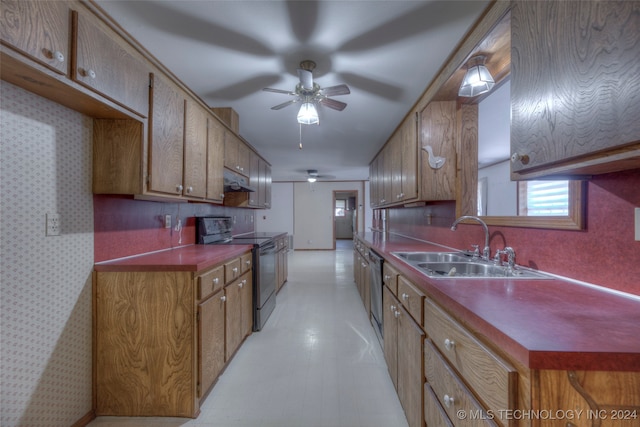 kitchen with black electric range, ceiling fan, sink, and dishwasher