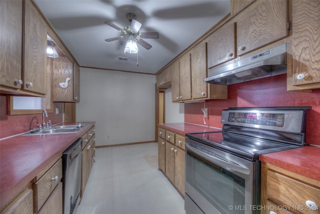 kitchen featuring stainless steel electric stove, ceiling fan, white dishwasher, and sink