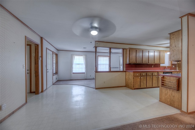 kitchen with ceiling fan, crown molding, and kitchen peninsula