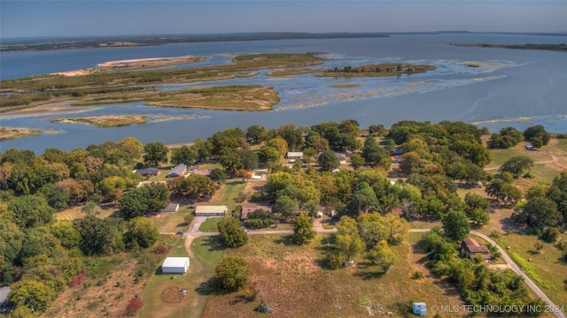 bird's eye view with a water view