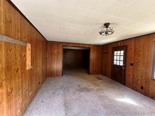 entryway featuring wooden walls and carpet flooring