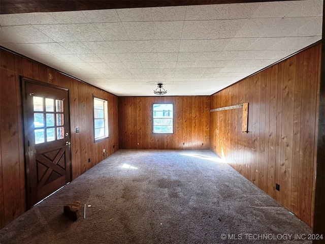 carpeted foyer entrance with wooden walls