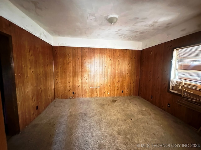 carpeted spare room with wood walls