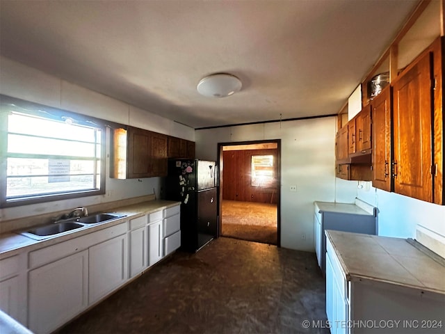 kitchen featuring black fridge and sink