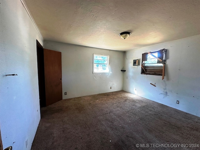 carpeted spare room with a textured ceiling