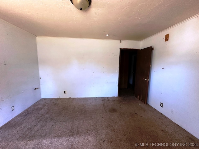 carpeted spare room with a textured ceiling and crown molding