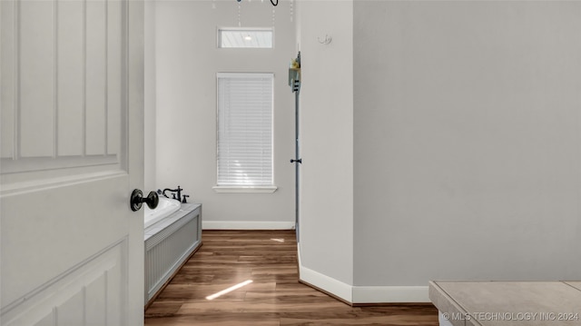 hallway with hardwood / wood-style flooring