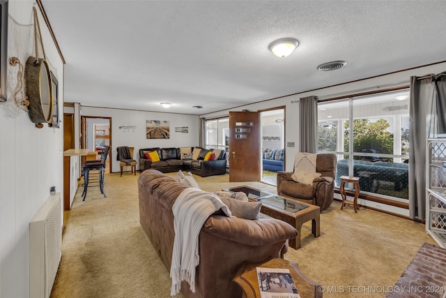 living room with a textured ceiling, radiator, and light colored carpet