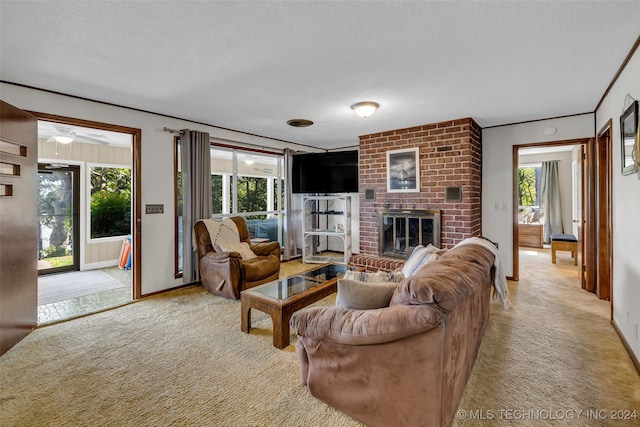 living room featuring a textured ceiling, light colored carpet, and plenty of natural light