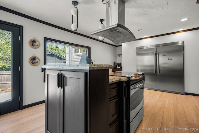 kitchen with appliances with stainless steel finishes, island exhaust hood, light wood-type flooring, and a wealth of natural light