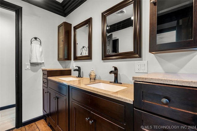 bathroom with ornamental molding and vanity