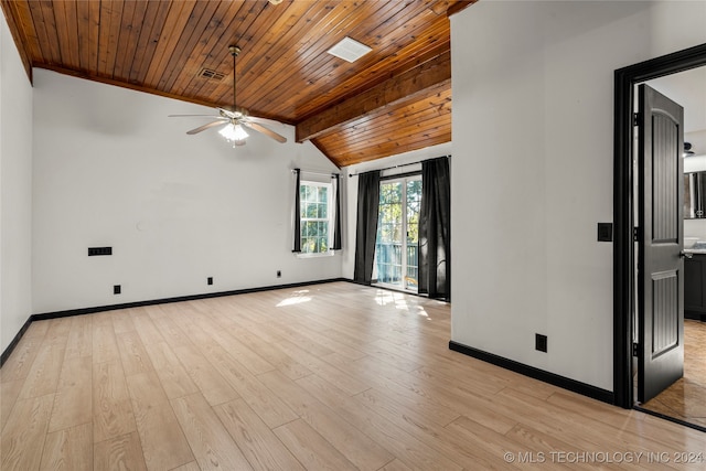 empty room featuring ceiling fan, light wood-type flooring, lofted ceiling with beams, and wood ceiling