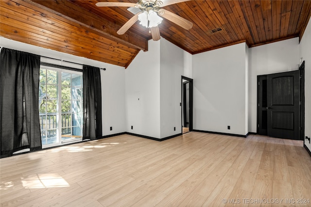 interior space featuring light hardwood / wood-style floors, wood ceiling, lofted ceiling with beams, crown molding, and ceiling fan